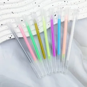 Detailed view of nine colorful glitter gel pens arranged on a white wavy background