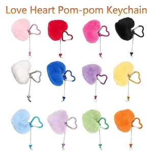 Fashion Heart Plush Ball Keychain Faux Fur Pom Pom Keychain With Heart Carabiner Metal Pendant Car Bag Charm For Women Girls