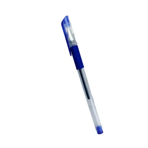 0.5mm blue gel pen with transparent barrel and soft rubber grip for office writing