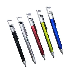 Multifunctionele 6-in-1 gereedschapspen met telefoonhouder, liniaal en waterpas.