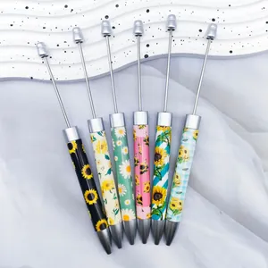 Juego de seis bolígrafos de cuentas DIY con estampados florali de girasoles y margaritas