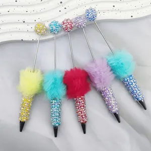 Cute ballpoint pens with faux fur balls and sparkling pearl rhinestones