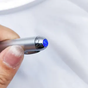Silver UV invisible ink pen with blue LED light for secret messages and money detection