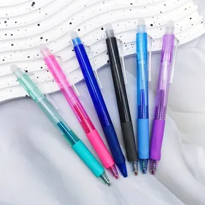 Close-up of a six-color erasable gel pen set with translucent bodies and soft grips.