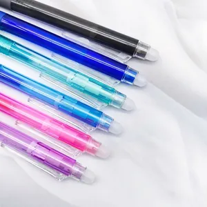 Set of multi-colored retractable erasable gel pens for students and office use.