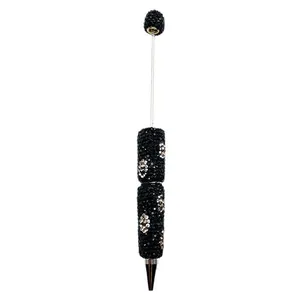 Elegant black leopard print rhinestone beaded ballpoint pen with rotating mechanism