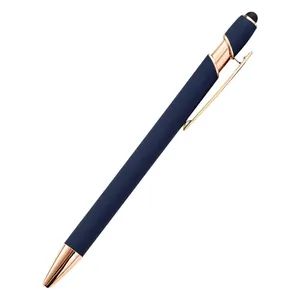 Eleganter Kugelschreiber aus Aluminium in Roségold und Marineblau mit Stylus-Spitze.