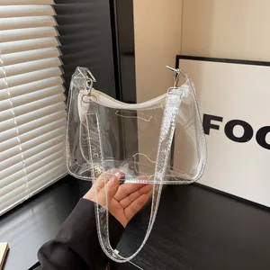 Modieuze trendy transparante PVC onderarmtas voor dames met een witte ritssluiting