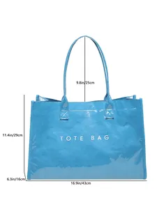 Diagrama de dimensiones detallado de un bolso tote de PVC azul impermeable para mujer