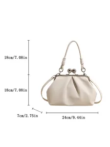 White pleated cloud handbag with clasp closure showing dimensions in cm and inches