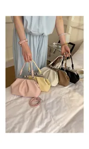 Chic pleated cloud handbags in five colors with vintage clip closure and knotted handles