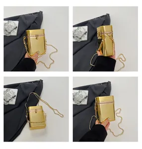 Four-panel macro view of a luxury gold mirror box bag with a ball chain strap.