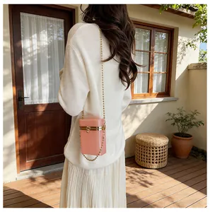 Detail shot of a pink acrylic box bag with a golden beaded chain strap on a model.