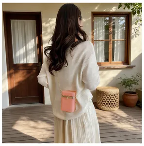 Chic pink acrylic box bag with gold chain strap worn by a model outdoors.