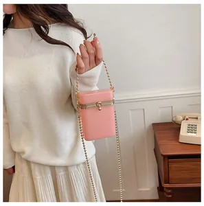 Detail view of a pink acrylic box bag with beaded gold chain strap held by a model.