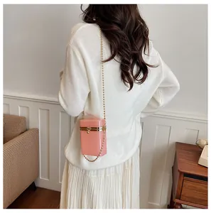 Detailed back view of a model wearing a pink acrylic box bag with a golden ball chain strap
