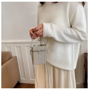Elegant silver metallic box clutch bag with skull clasp and beaded chain strap detail