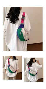 Colorful multicolor patchwork crossbody chest bag with pink strap for casual summer wear