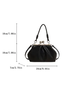 Technical detail showing exact dimensions for this black pleated cloud handbag with kiss lock