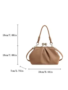 Detailed view of the beige pleated cloud bag with dimensions in cm and inches