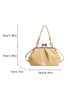 Detailed size diagram of a pleated cream cloud handbag with metallic clasp closure