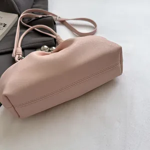 Pink pleated dumpling bag with clasp closure and shoulder strap for casual fashion.