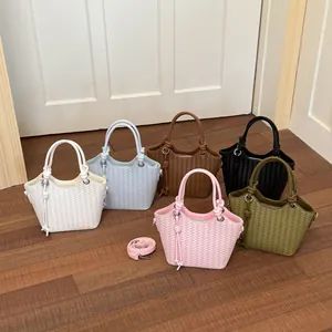 Bolso Cubo de Cuero PU Tejido para Mujer Estilo Coreano Ins Bolso de Mano de Moda de un Solo Hombro Bolso de Bandolera Con Correa Ajustable
