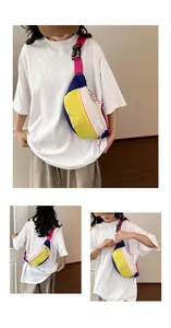 Detailed view of a vibrant dopamine-style colorful crossbody chest bag worn by a model