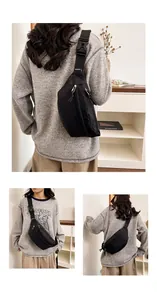 Model wearing a lightweight black minimalist crossbody chest bag in a lifestyle setting