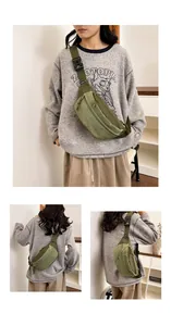 Detailed view of lightweight green crossbody chest bag on model wearing casual outfit.