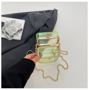 Detail showing the open structure of a green transparent acrylic box bag with gold chain