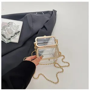 Close-up of a clear acrylic box clutch bag with an elegant gold ball chain strap