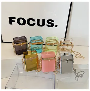 Stylish mini acrylic box bags with metallic bead chain straps in various vibrant colors