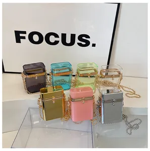 Close-up detail of colorful acrylic box bags featuring stylish metallic chain straps