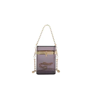 Transparent grey acrylic box handbag with elegant gold bead chain strap