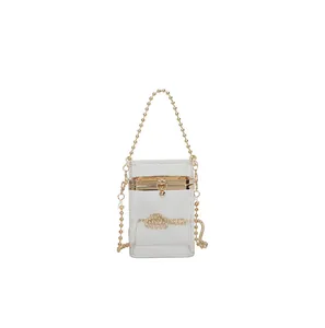 Transparent acrylic box bag with elegant golden beaded handle and chain strap