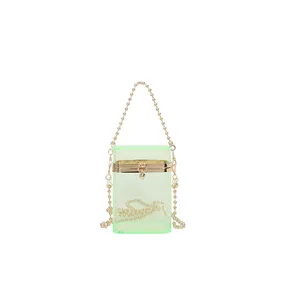 Transparent lime green acrylic box clutch bag with gold beaded chain strap for women.