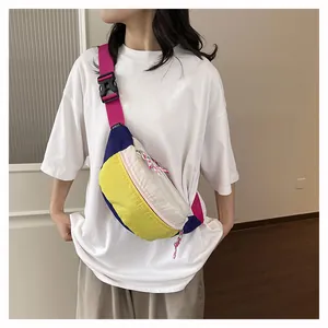 Asian model wearing a vibrant dopamine-style lightweight nylon crossbody chest bag