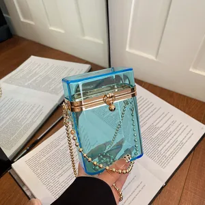 Women's Fashion Acrylic Transparent Box Bag Crossbody Evening Clutch With Beaded Handle Metal Chain Hard Shell Handbag
