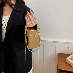 Elegant gold metallic box clutch bag with chic bead chain handle