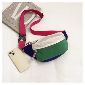 Detailed view of a vibrant multi-color dopamine-style nylon chest bag for casual use