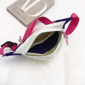Multicolor patchwork dopamine waist bag with adjustable pink strap for casual travel