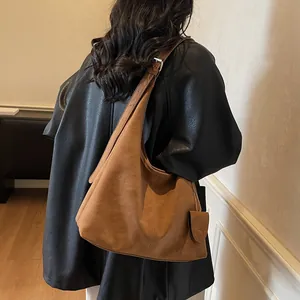Vintage brown faux suede hobo bag minimalist shoulder underarm tote bag for women