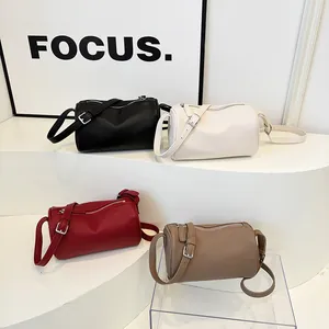 Vintage minimalist PU leather barrel pillow bag in multiple colors for women fashion