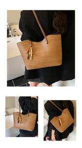 Multi-angle views of a brown woven shoulder bag with unique beaded tassel charm detail.