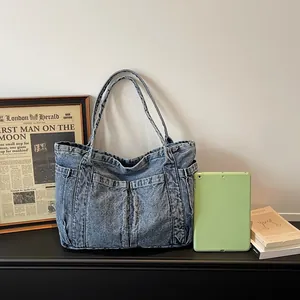 Bolso Tote de Denim Lavado de Gran Capacidad para Mujer Estilo Coreano Bolso de Hombro de Lona Minimalista Bolso Escolar Casual