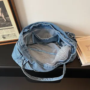 Bolso tote de mezclilla azul minimalista para estudiantes con bolsillo interno y cremallera