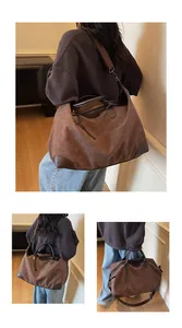Detailed multiple perspective views of a large capacity brown suede travel tote bag
