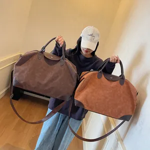 Large retro frosted suede travel duffel bag with shoulder strap for weekend trips