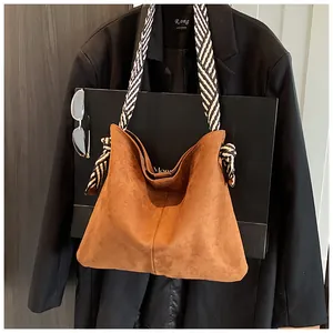 Vintage brown suede tote bag with striped woven strap for autumn and winter
